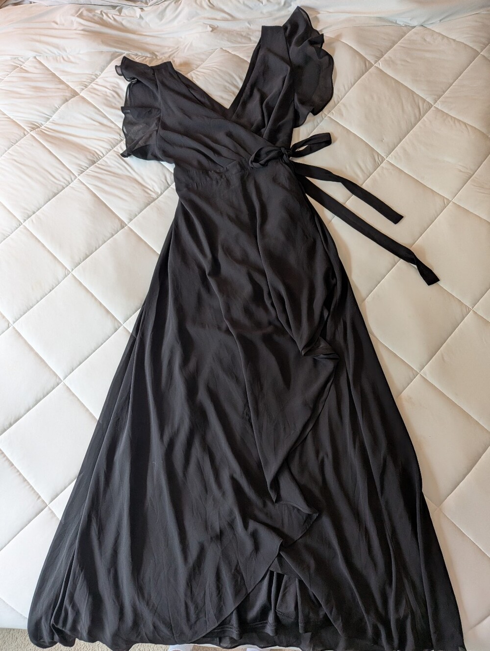 Black Wrap Maxi Hi Lo Dress with Flutter Sleeves